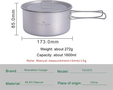 Титановая кастрюля для кемпинга 1,6 л Boundless Voyage