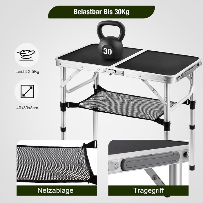 Складной кемпинговый стол алюминиевый регулируемый по высоте и легкий, с сетчатой поверхностью и S-образными крючками. Прочный уличный стол для пикника, рыбалки и сада (черный)