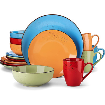 Набор посуды из керамогранита Navia, Столовый сервиз из 32 предметов, Винтажный внешний вид, Nature Design (Сервиз на 4 персоны (16 шт.), Auqa Blue, Orange, Red, Grass Green)