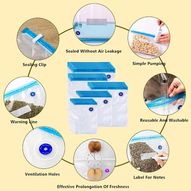 Набор из 20 вакуумных пакетов для пищевых продуктов с ручным насосом, 5 размеров YOUNGSAY