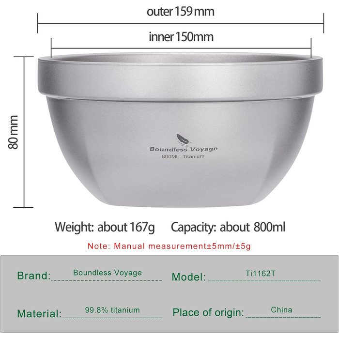 Титановая миска для кемпинга 800 мл Boundless Voyage