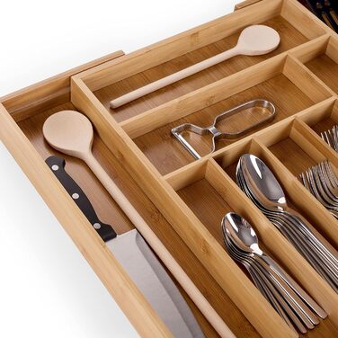 Бамбуковий лоток для столових приборів Blumtal - Регульований роздільник для шухляд для кухні - Органайзер для столових приборів з 7-9 відділеннями - Висувна шухляда для кухонних шухляд - Великий, гнучкий органайзер для столових приборів - 7-9 відділень