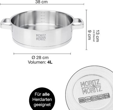 Сервірувальна сковорода з нержавіючої сталі Moritz & Moritz з кришкою 28 см - Підходить для всіх типів плит - Масштаб до 4 л - Вбудоване сито в кришці - Індукційна каструля для смаження, тушкування та подачі Ø 28 см