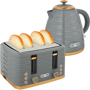 Набір для сніданку HOMCOM Kettle Toaster Set з чайником 1,7 л, тостером на 4 скибочки, 2200 Вт, 7 рівнів підсмажування, розморожуванням, розігріванням та піддоном для крихт, термостатом Otter, кремово-білим (сірим)