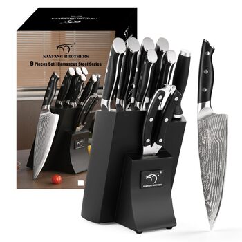 Набор кухонных ножей NANFANG BROTHERS из дамасской стали (9 предметов) с подставкой для нарезки, шинковки и кубирования, черный