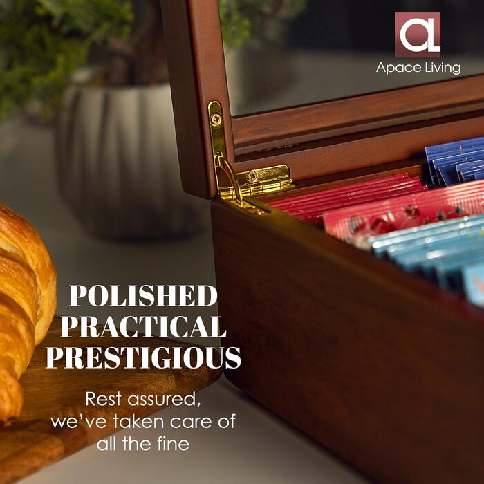 Чайна коробка від Apace Living - Розкішна дерев&39яна коробка для зберігання чаю - 8 відділень для чайних пакетиків - Чайна коробка ручної роботи з віконцем, стійким до подряпин - Елегантна коробка для зберігання чайних пакетиків з темного горіхового