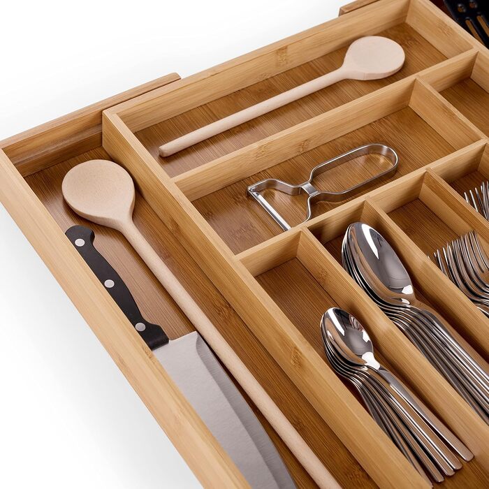 Бамбуковий лоток для столових приборів Blumtal - Регульований роздільник для шухляд для кухні - Органайзер для столових приборів з 7-9 відділеннями - Висувна шухляда для кухонних шухляд - Великий, гнучкий органайзер для столових приборів - 7-9 відділень