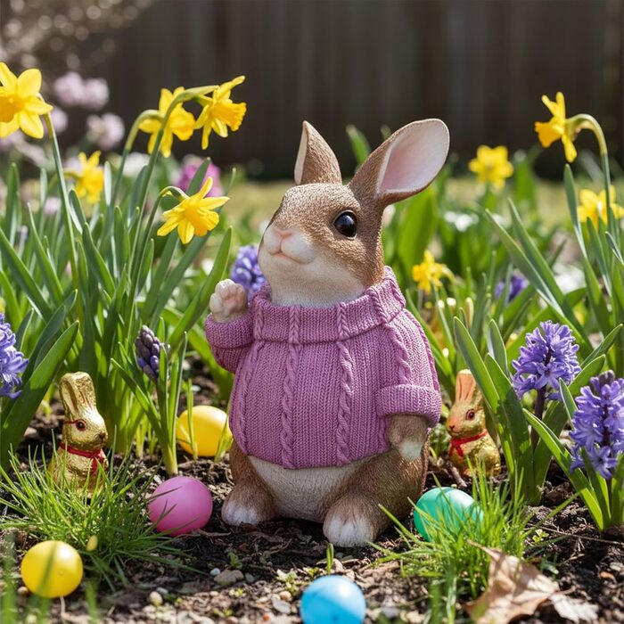 Декоративні фігурки великоднього зайчика у рожевому светрі colourliving