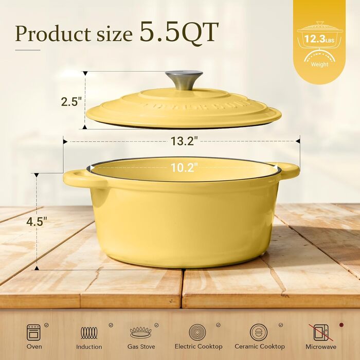 Чавунна форма для запікання Overmont Enamel - 26 см, придатна для використання в духовці, з кришкою та кулінарною книгою - для випікання, тушкування, запікання, білого кремового кольору (26 см-5,2 л, гусячий жовтий)
