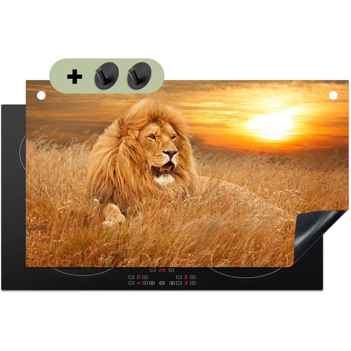 Фартух для плити, кухонний фартух, вініл, 78x52 см, декор для кухні, облицювання стіни, кришка для плити - сіро-чорна (Лев - Захід сонця, 52,7Д x 91,6Ш см)