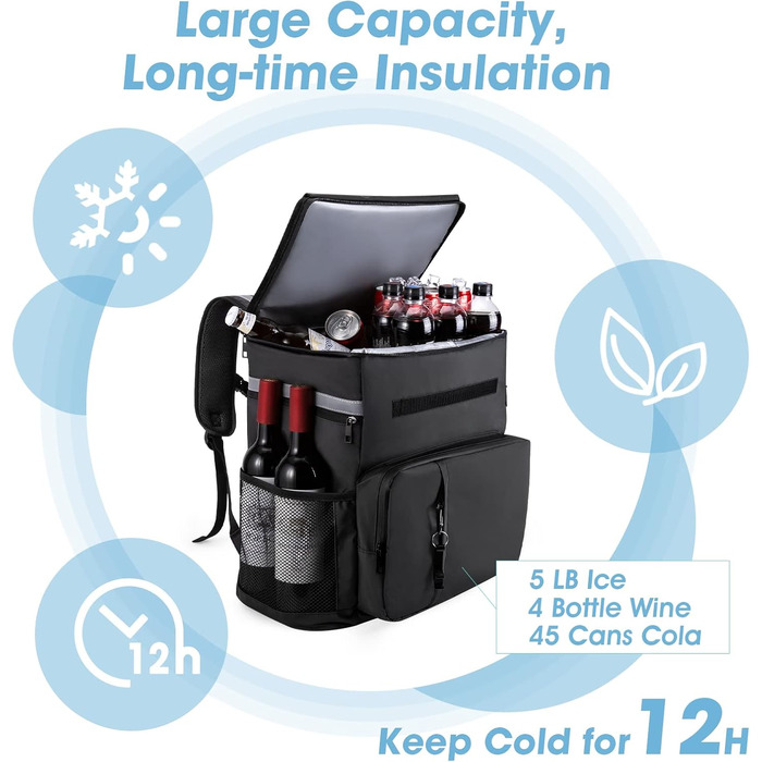 Велика 40-літрова герметична ізольована сумка-холодильник, рюкзак для пікніка з відкривачкою для пляшок, водонепроникна надлегка сумка-холодильник для кемпінгу, походів, барбекю, пікніків - чорна