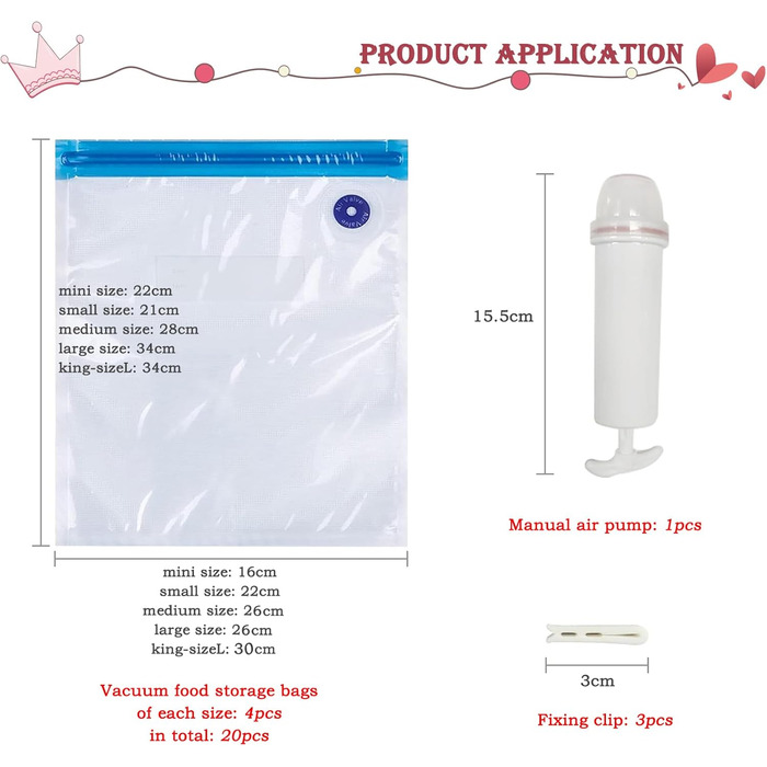 Набор из 20 вакуумных пакетов для пищевых продуктов с ручным насосом, 5 размеров YOUNGSAY