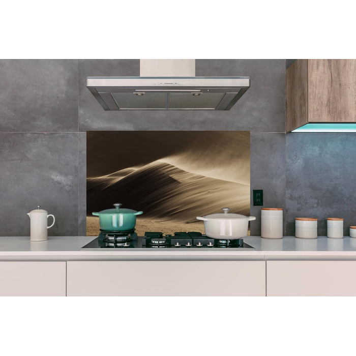 Панель для кухонного фартуха, бризкозахисна панель, декор для кухні, алюмінієва панель, бризкозахисна панель для плити, альтернатива скляній панелі, чорна - з малюнком - суцільна - чорна - темна - (пустеля, 100x65 см)