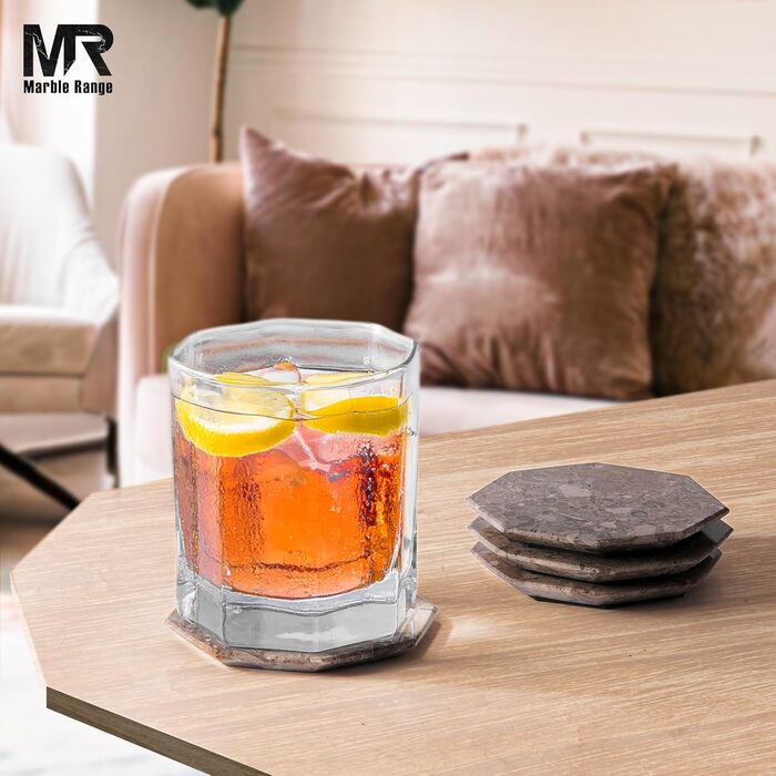 Підставки під чашки з мармуру з підставкою, 8.9 см, з оніксу, ручної роботи, для офісу, напоїв, кави та бару, на обідній стіл, набір з 6 шт. (Океанічний стиль)