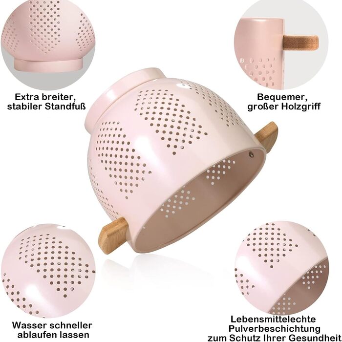 Металеве сито для пасти з дерев&39яною ручкою та стабільною основою, велике кухонне сито 22 см для пасти, овочів та фруктів, міцне кухонне сито (рожеве)