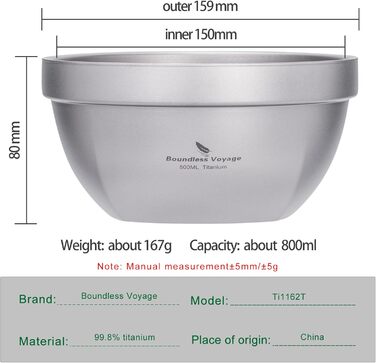 Титановая миска для кемпинга 800 мл Boundless Voyage