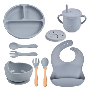Набір дитячого посуду із силікону 9 предметів, сірий Vialex
