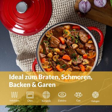 Чавунна жаровня 3,5 л з кришкою 24 см, червона Chefarone