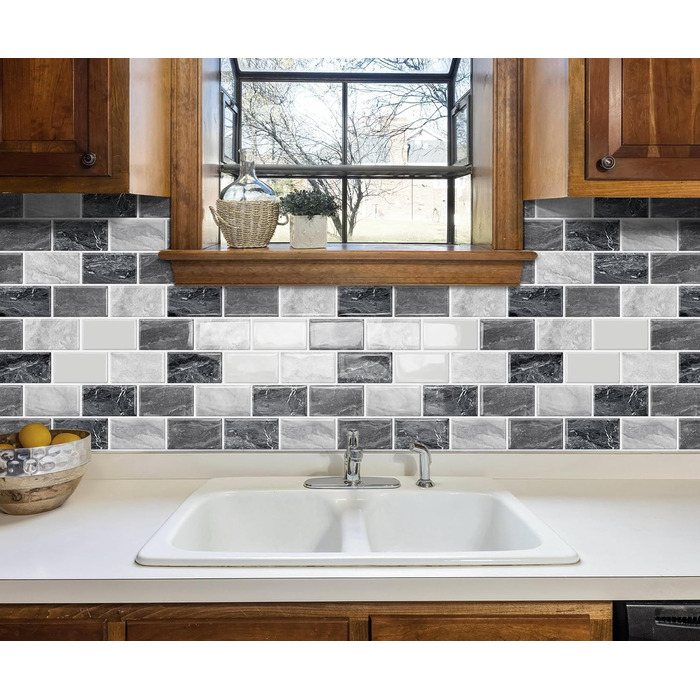 Мозаїчна плитка з клеєм, Наклейки на плитку, Настінна плитка, Клейка плитка Metro, Самоклеюча імітація плитки для кухні та ванної кімнати - Штука, (30,5 x 30,5 см) (10, Мозаїчний вигляд), 3D