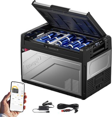 Автомобільний холодильник BougeRV Rocky2 12V 230V з компресором 5.7cc, двозонний, з морозильною камерою, керуванням через додаток, знімною перегородкою, автомобільний холодильник 12/24V, для кемпінгу, подорожей, човна, риболовлі, охолоджує до -20C (52 л)