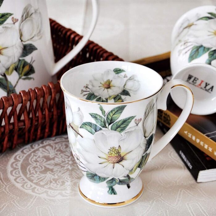Набір із 2 порцелянових кавових кухлів, квітковий візерунок, чашки у формі кістки, китайський стиль, 300 мл, з ручкою для кави, чаю, молока, капучино (B)