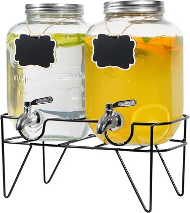 Двойной стеклянный диспенсер для напитков 2 х 4 л с металлической подставкой Hisredsun