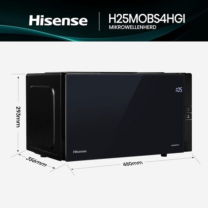 Мікрохвильова піч Hisense H20MOBP1HI / 700 Вт / InverterTech / Керамічне покриття / Преміальне скло / Виготовлена на замовлення, багатофазне приготування / Функція розморожування / 5 рівнів потужності / Блокування від дітей / Чорна (25 л, цифрове керуванн