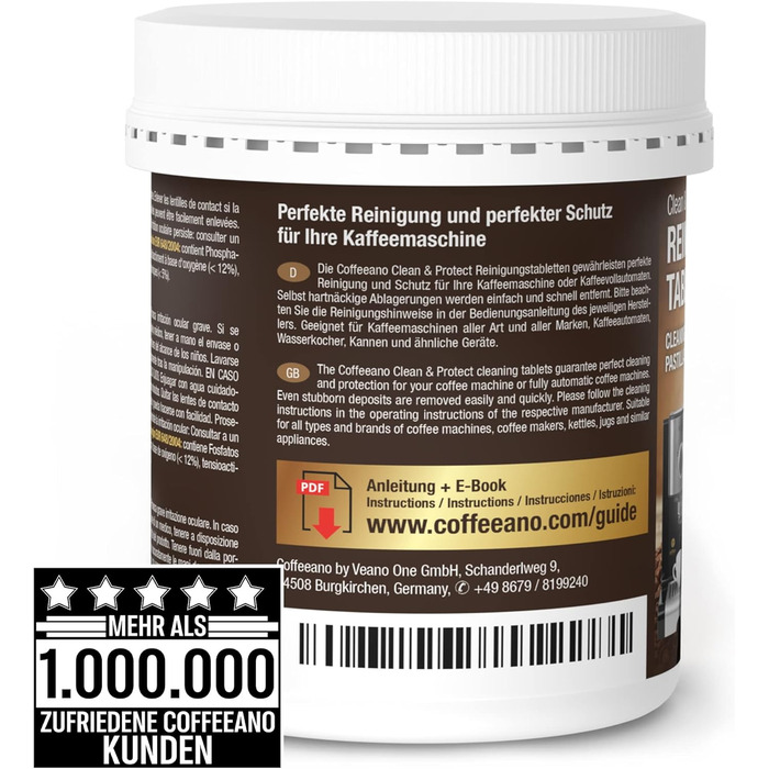 Таблетки для чищення Coffeeano 250 для повністю автоматичних кавоварок та кавоварок. Для Delonghi, Siemens, серії EQ, Jura, Krups, Bosch, Miele, Melitta, WMF та багатьох інших. 250 таблеток (1 упаковка) (Таблетки для чищення, 150 таблеток (1 упаковка))