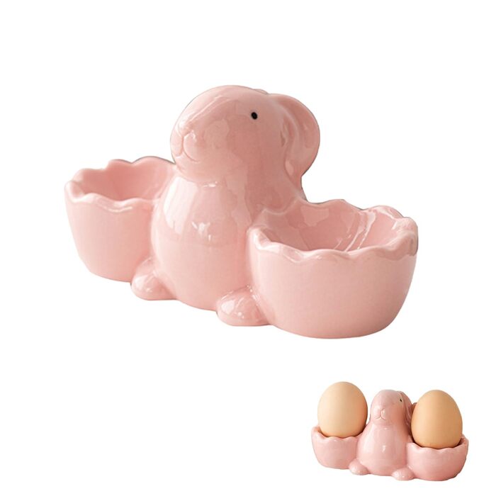 Набір із 2 порцелянових стаканчиків для яєць на Великдень, керамічні стаканчики для яєць у формі кролика, кумедні тарілки у формі пасхальних яєць у формі зайчика, можна мити в посудомийній машині, підставка для варених яєць, великодні подарунки (B рожевий