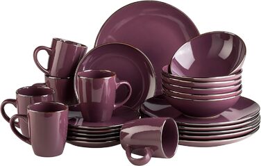Набор современной посуды на 6 персон с латунным ободком, комбинированный набор из 24 предметов в форме купе без ободка, керамогранит, фиолетовый 24 предмета Фиолетовый
