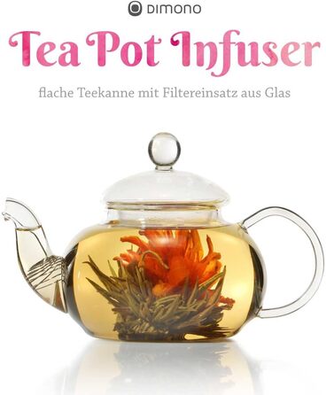 Видувний вручну чайник з чайним фільтром і чайним ситечком зі скляною фільтрувальною вставкою від Dimono 600 мл ідеально підходить для чайних квітів (1500 мл)