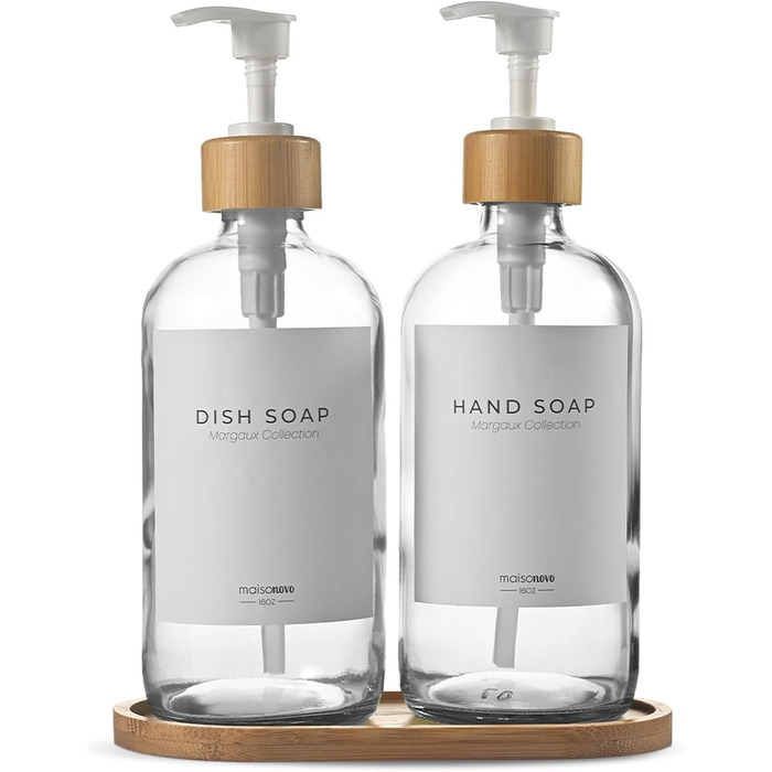 Диспенсер для мила 500 мл, набір 2 предмети на бамбуковій підставці, прозоре скло MaisoNovo