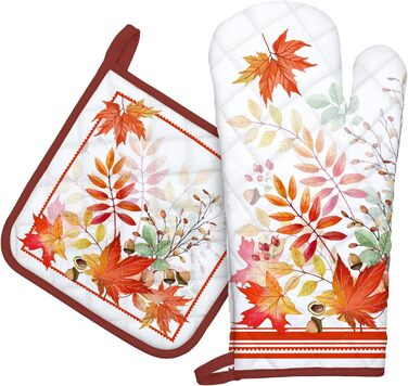 Набір з 2 кухонних рукавичок Arquiel з тримачем для каструлі Gnome Autumn Orange Checked, 100 бавовняні кулінарні рукавички, термостійкі кухонні рукавички для приготування їжі, осінній декор, подарунки для жінок (осіннє кленове листя, духовка тримач для к