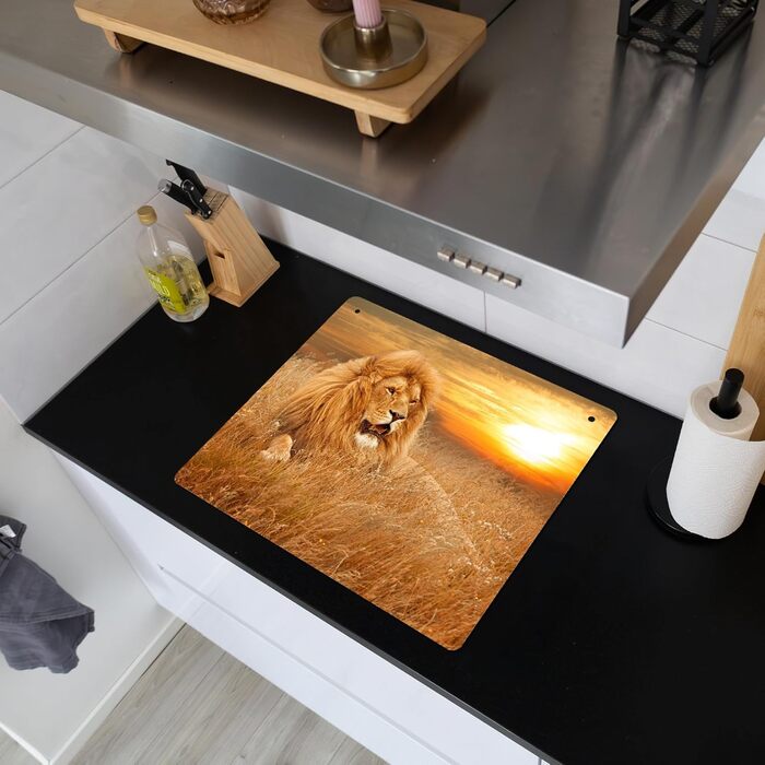 Фартух для плити, кухонний фартух, вініл, 78x52 см, декор для кухні, облицювання стіни, кришка для плити - сіро-чорна (Лев - Захід сонця, 51Д x 59Ш см)