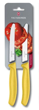 Кухонний ніж Victorinox SwissClassic Tomato&Sausage лезо 11см хвил. з жовт. ручкою 2шт (блістер)