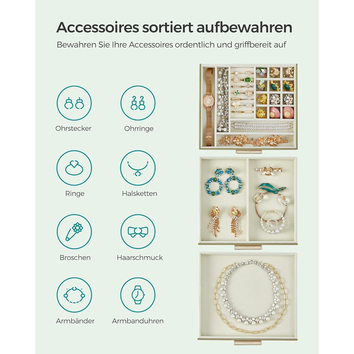 Скринька органайзер для ювелірних виробів 3-рівнева авокадо-зелений SONGMICS