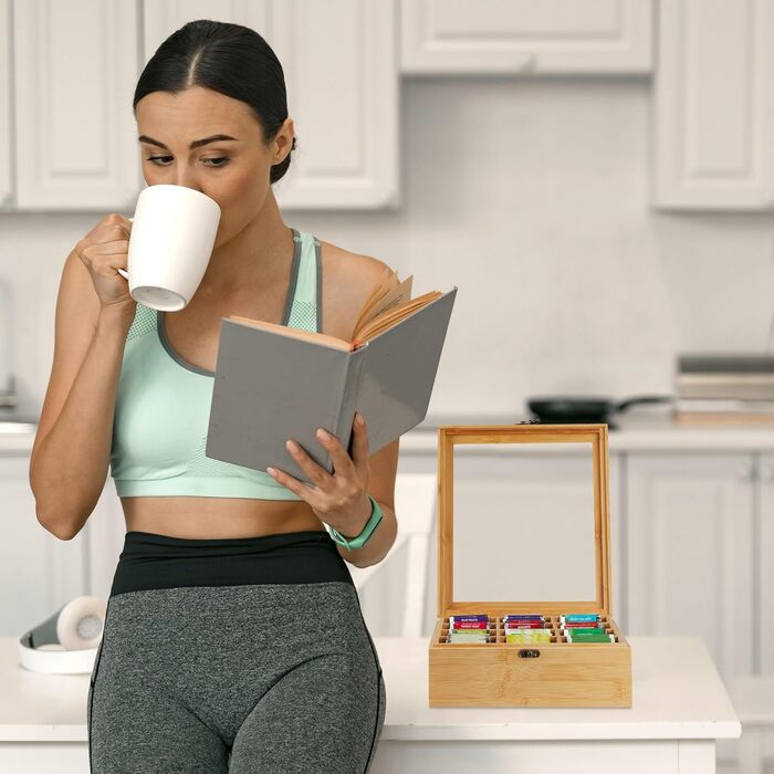 Чайна коробка Relaxdays, 12 відділень, бамбук, ВxШxГ 9,5 x 26,5 x 28,5 см, для чаю та кави в капсулах, контейнер для чаю з кришкою, натуральний колір