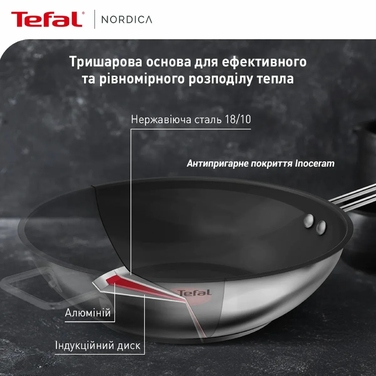 Tefal Сковорода ВОК Nordica, 28см, нержавіюча сталь