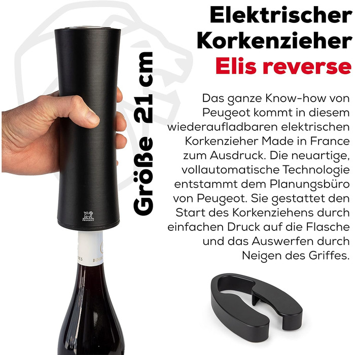 Електричний штопор Peugeot Elis Reverse 21 см, чорний I акумуляторний електричний штопор для вина з набору відкривачок для вина PEFC Beech Wood I з капсульним різаком і зарядним кабелем I Аксесуари для вина