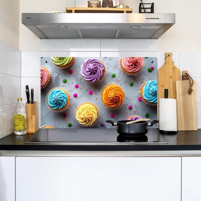 Фартух для плити, кухонний фартух, вініл, 78x52 см, декор для кухні, облицювання стіни, кришка плити - сіро-чорна (Кекси - Мафіни, 52,7Д x 91,6Ш см)
