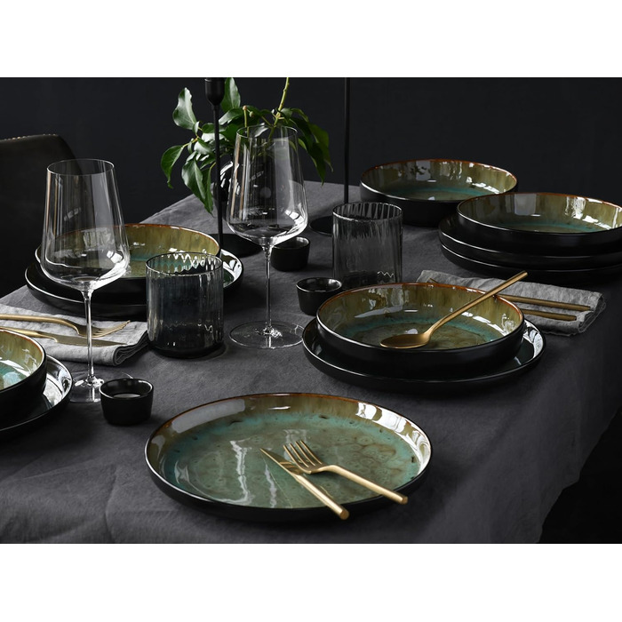 Серія Nordic Fjord набір посуду з 18 предметів, набір тарілок з кераміки (набір тарілок 12 шт. , зелений), 21551