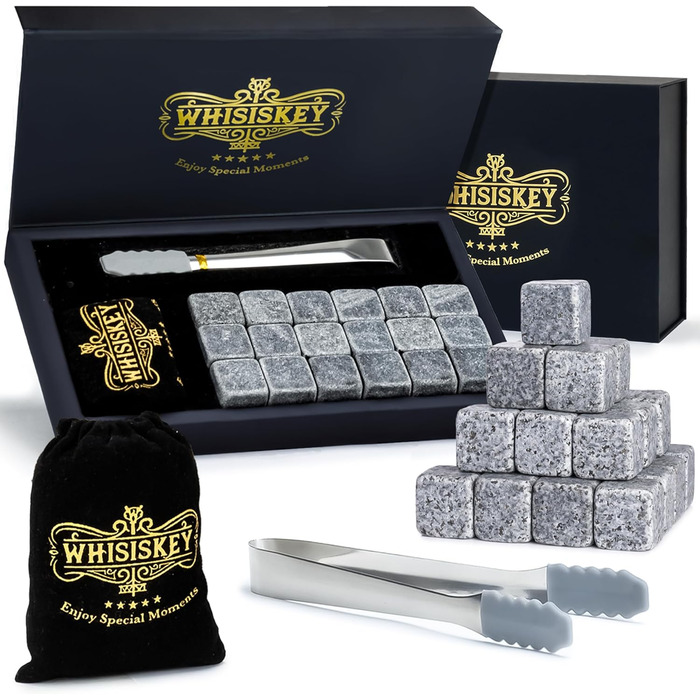 Подарунковий набір 18 каменів для віскі з оксамитовим мішечком та щипцями Whisiskey