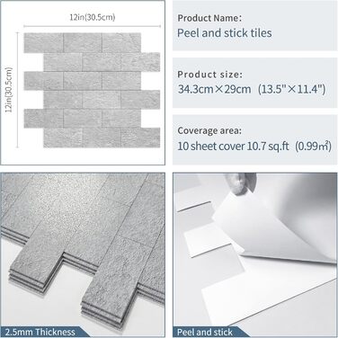 Штучна настінна плитка, самоклеюча панель для кухонного фартуха, тверда ПВХ плитка, клейка плитка для кухні та ванної кімнати (34 x 29 см) (20, сірий сланець)