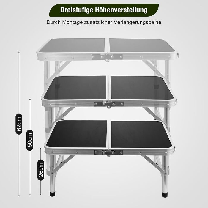 Складной кемпинговый стол алюминиевый регулируемый по высоте и легкий, с сетчатой поверхностью и S-образными крючками. Прочный уличный стол для пикника, рыбалки и сада (черный)