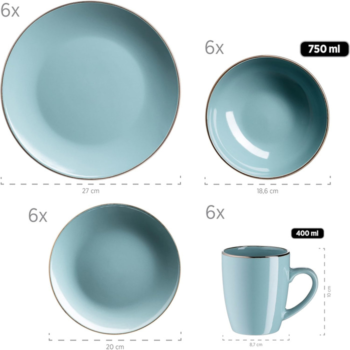 Набор современной посуды на 6 персон с ободком цвета латуни, S Combination Set с формами купе без ободка, керамогранит, (24 предмета, светло-голубой)