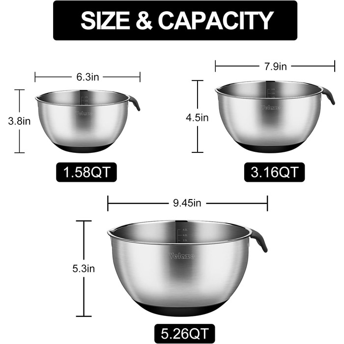 Набір мисок з нержавіючої сталі Velaze, салатниця з 5 предметів з кришкою, миска для змішування з 3 терками, нековзна силіконова основа, 5 л 3 л 2 л 1,5 л 1,5 л 1 л різні розміри для різних потреб (3 комплекти срібла)