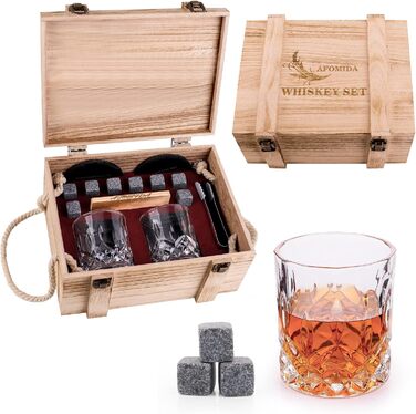 Набор бокалов и камней для виски – 8 гранитные охлаждающие камни для виски – 2 стакана 10 унций – 2 подставки, Afomida