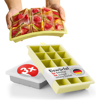 Силиконовые формочки для льда на 15 кубика XL с крышкой, набор 3 предмета, серый/желтый Blumtal
