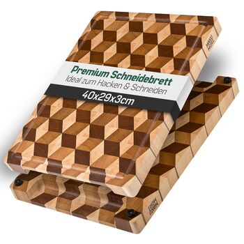 Премиальная разделочная доска из цельного дерева, торцевая (End Grain) 40x29x3 см из карбонизированной акации, сертифицирована FSC, с ножками, желобком для сока и удобными углублениями для рук (3D)
