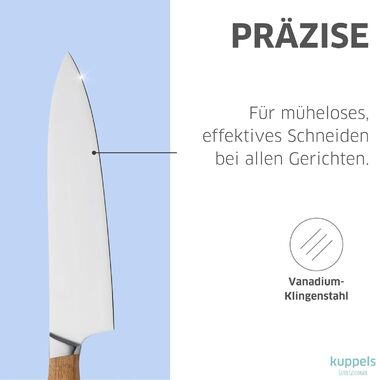 Набір кухонних ножів Kuppels WOOD, 3 предмети шеф-ніж, ніж універсальний та ніж для овочів з ручкою з акації, надзвичайно гострі ножі з хромо-ванадієвої сталі, професійний набір для мяса та овочів (шеф-ніж)